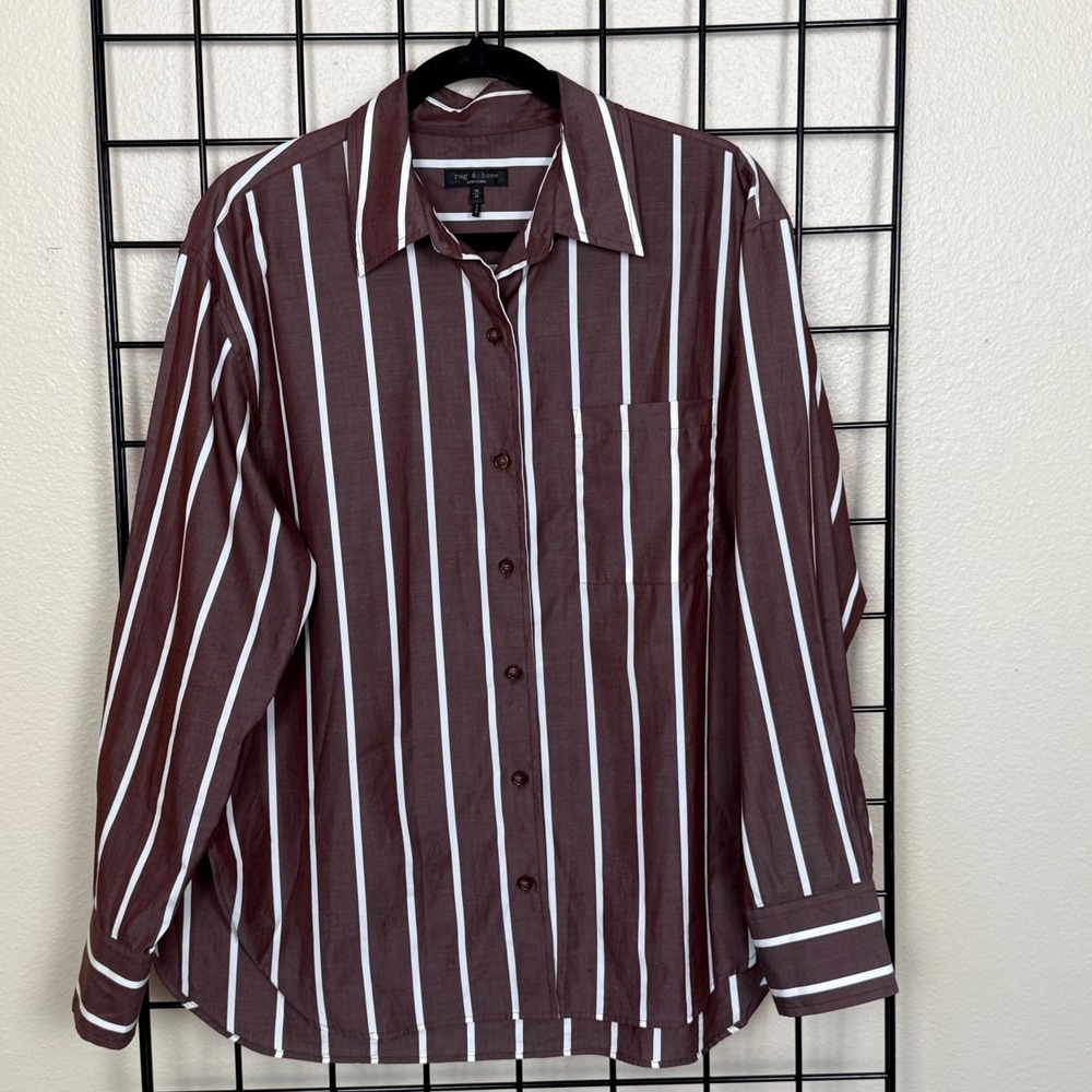 rag & bone Connie Stripe Long-Sleeve Shirt Womens Medium Rust Brown Striped